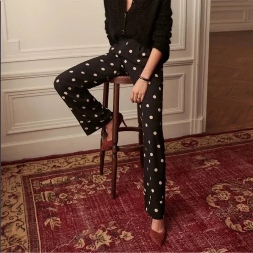 Sezane Black Wide-Leg Polka Dot Pants with White Spots
